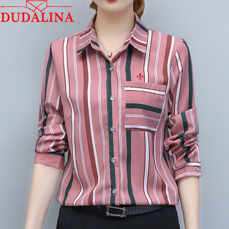 

Dudalina Embroidery Female Shirts New Spring Summer Women Blouse Long Sleeve Elegant Shirts Women Fashion Tops Striped blouse