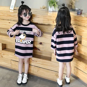 

Girls 6-12 Years Casual Hoodless O-neck Tee Top Striped Pattern Fashion Letters Printing Pure Cotton Long Type T-shirts