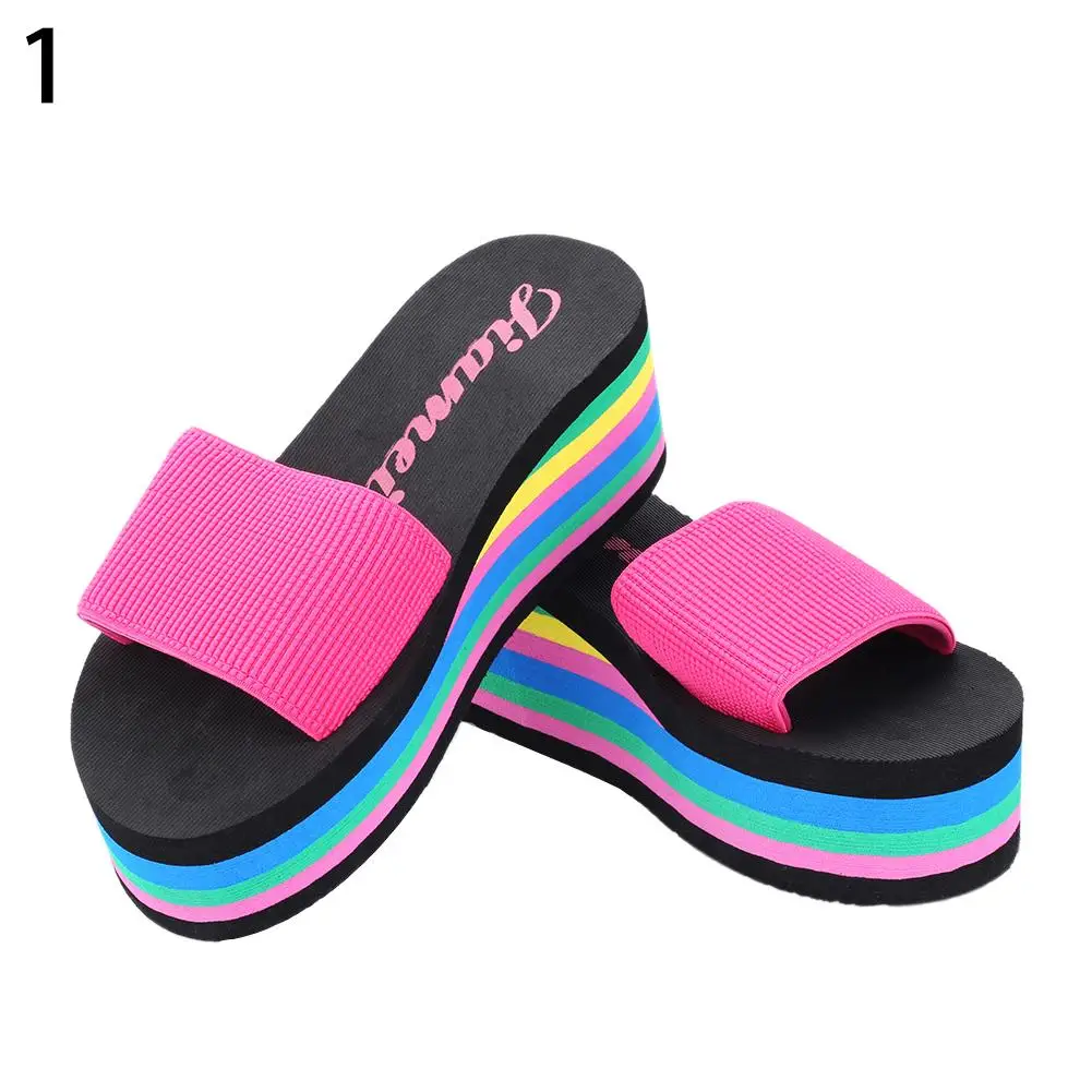 

Women's Summer Rainbow Color Platform Wedge Beach Slippers Sandals High Heels