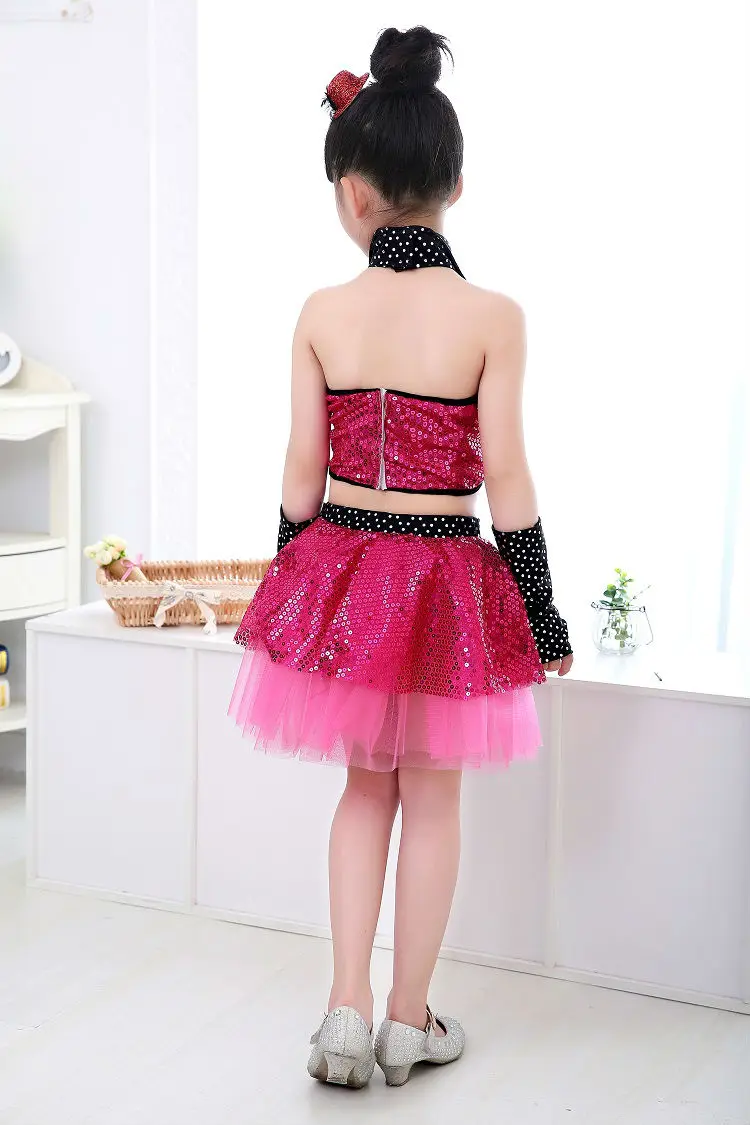 Girl Jazz Dance Children Sequin Modern Dance Hip Hop Costumes Girl Stage Jazz Costumes Suit for Girls Top and Skirt