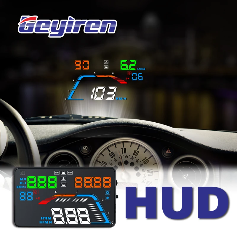 Baratos GEYIREN A100S con capucha de lente Q700 Car HUD head up display OBD II EUOBD parabrisas proyector Auto electrónico mejor que C60 C80