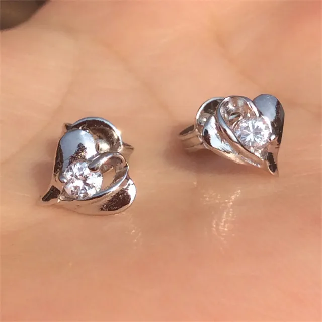 Genuine Sterling Silver Stud Earrings For Womens White Gold Plated Genuine Sterling Silver Stud Earrings For Womens White Gold Plated Heart Cz Imitated Diamond Small