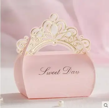 

50pcs Quality Sweet Day Crown shape Pink Gift bags Cookie Holder Wedding Candy Box Sweets Gift Favor Birthday Party Boxes Bags