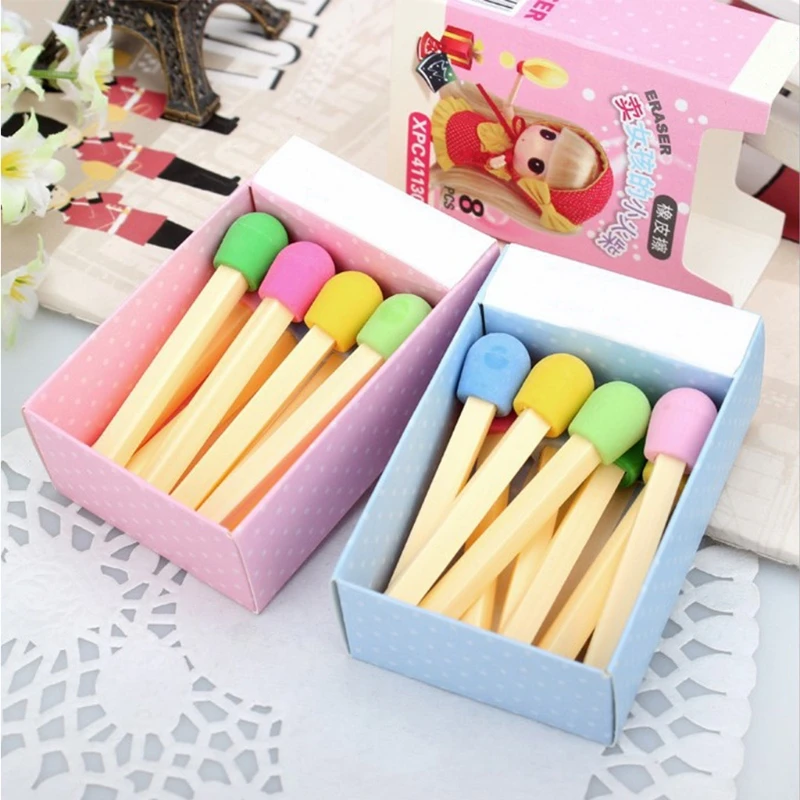 

8 PCS/pack Cute Kawaii Matches Eraser Lovely Colored Eraser for Kids Students Kids Creative Item Gift