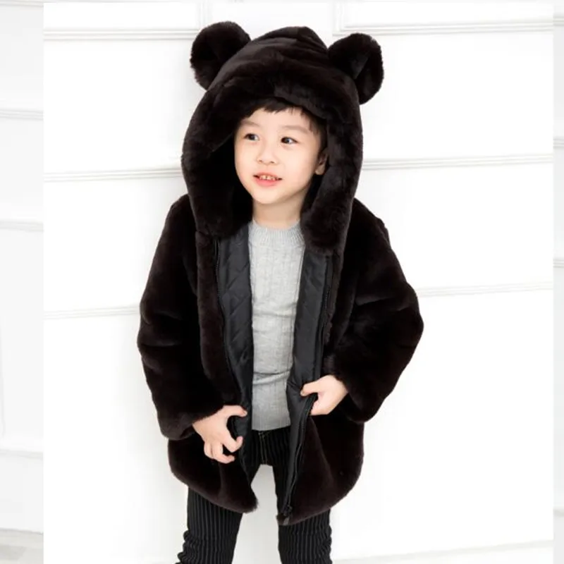 Furry Boy Faux Rabbit Fur Coats Kid Winter Jackets Girls Warm Toddler Clothes Hooded Thicken