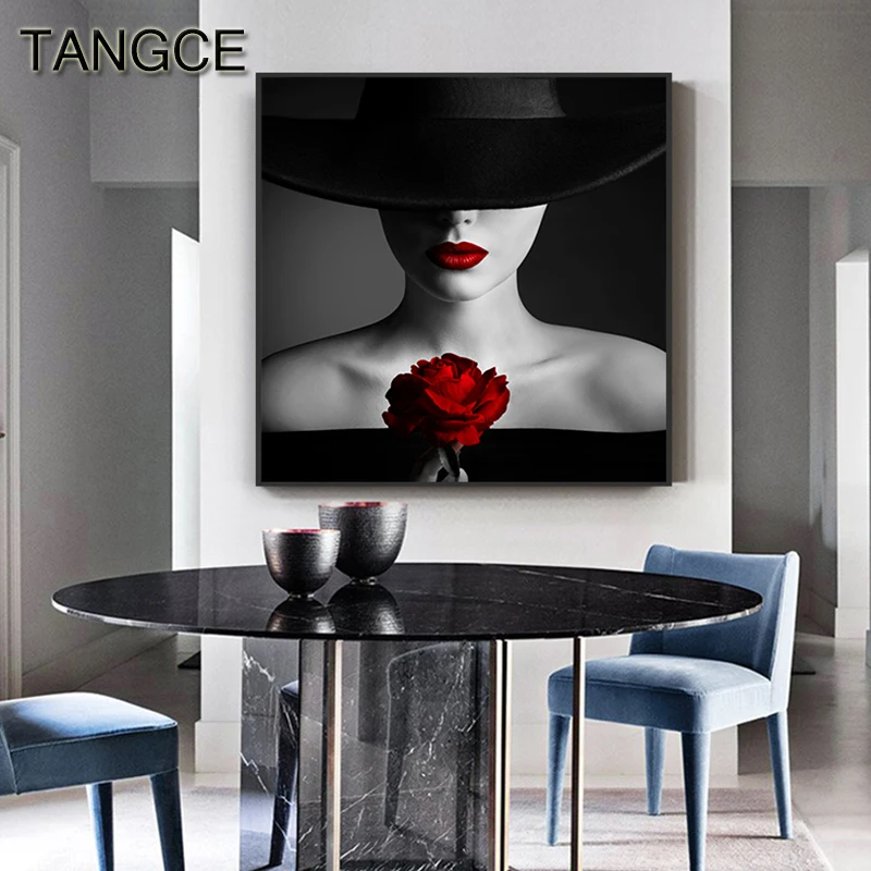 

Sexy Black Skirt Red Lip Rose Canvas Art Modern Busty Lady Posters and Prints Quality Wall Art for Living Room Cuadro Sexy Decor