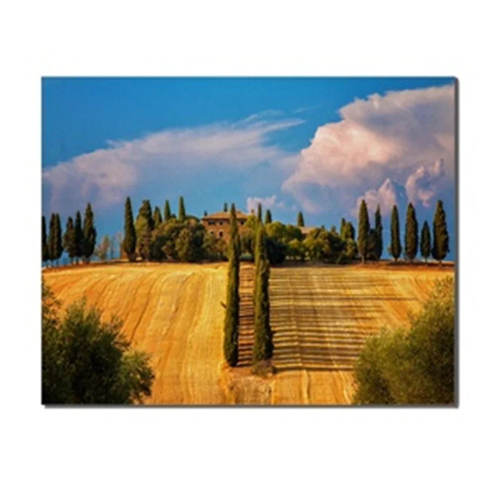 

Green Trees Autumn Harvest Farmland Blue Sky Cloud Oil Painting Canvas For Home Decor Living Room Bedroom Decoration No Frame