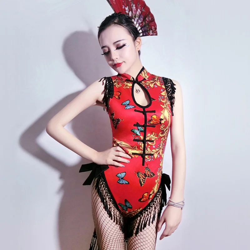 Новый танцевальный костюм Cheongsam цельный с кисточками Gogo Night DS новый для леди|costume