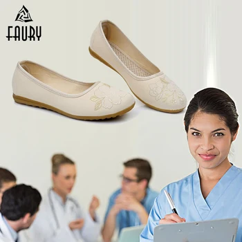 

Nurse Medical Shoes Pharmacy Surgical Lab Breathable Vintage Embroidered Flower Non-slip Soft Flat Women's Shoes