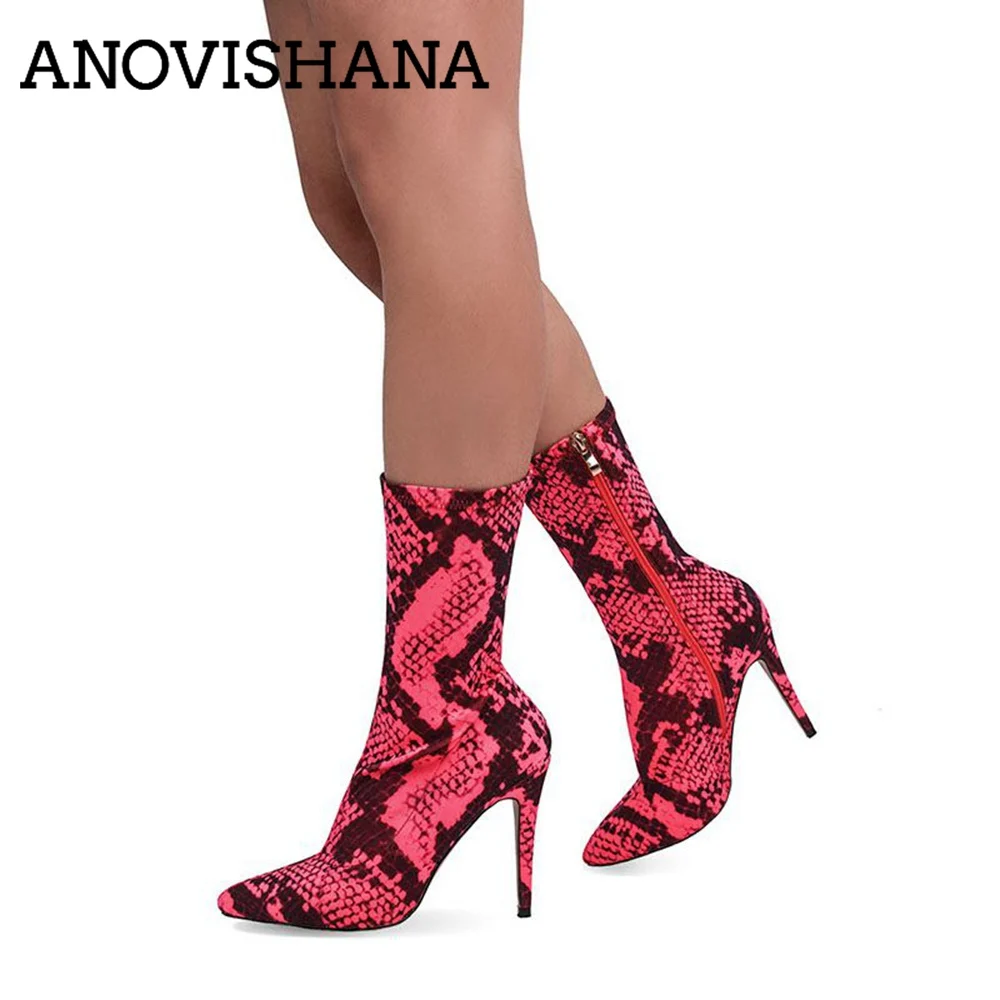 

ANOVISHANA 2019 Snake Print Sock Boots Stretch Fabric Pointed Toe High Heels Zip Woman Ankle Boots Ladies Short Boots Green E176
