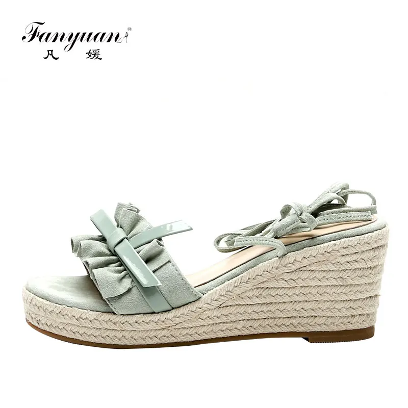 

Fanyuan 2019 Women Sandals Summer Open Toe Fish Head High Heels Straw Sandals Casual Platform Wedges bowtie Sandals Women Shoe