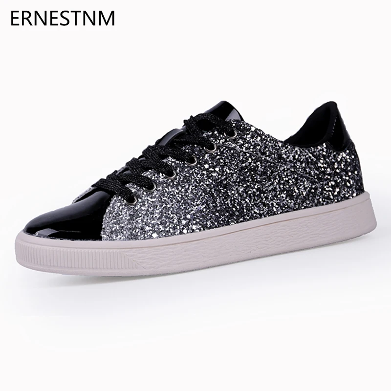 

ERNESTNM 2019 Fashion Women Vulcanize Shoes Woman Sneakers Rhinestone Lace-up Female Casual Bling Flat Shoes Plus Size Green