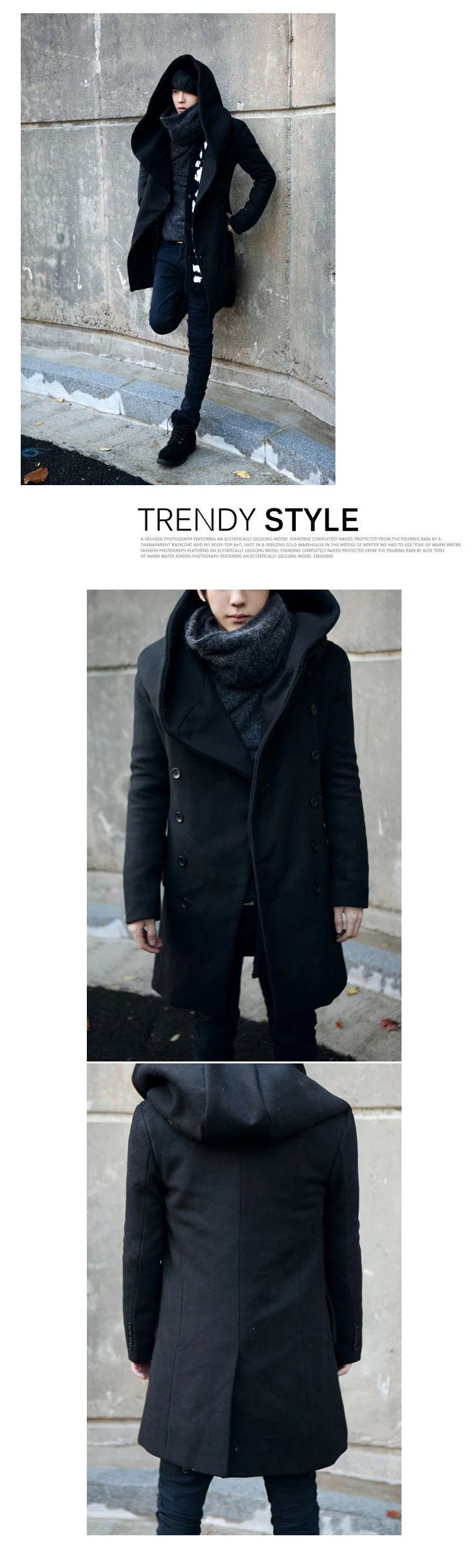 Осень-зима, мужской длинный плащ, корейский стиль, плащ с капюшоном, мужское тонкое шерстяное пальто, длинные куртки в стиле панк для мальчиков, casaco masculino