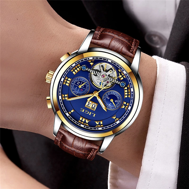 2018 LIGE Luxury Brand Automatic Machinery Watches Men Leather Waterproof Business Watch Men Quartz Clock Man Relogio Masculino