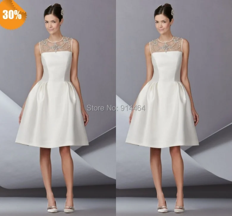 Fabulous 2014 A-Line Wedding Gowns Illusion Neckline Sheer Ruffles Beaded Crystal Short/Mini Free Shipping Satin Dresses | Свадьбы и