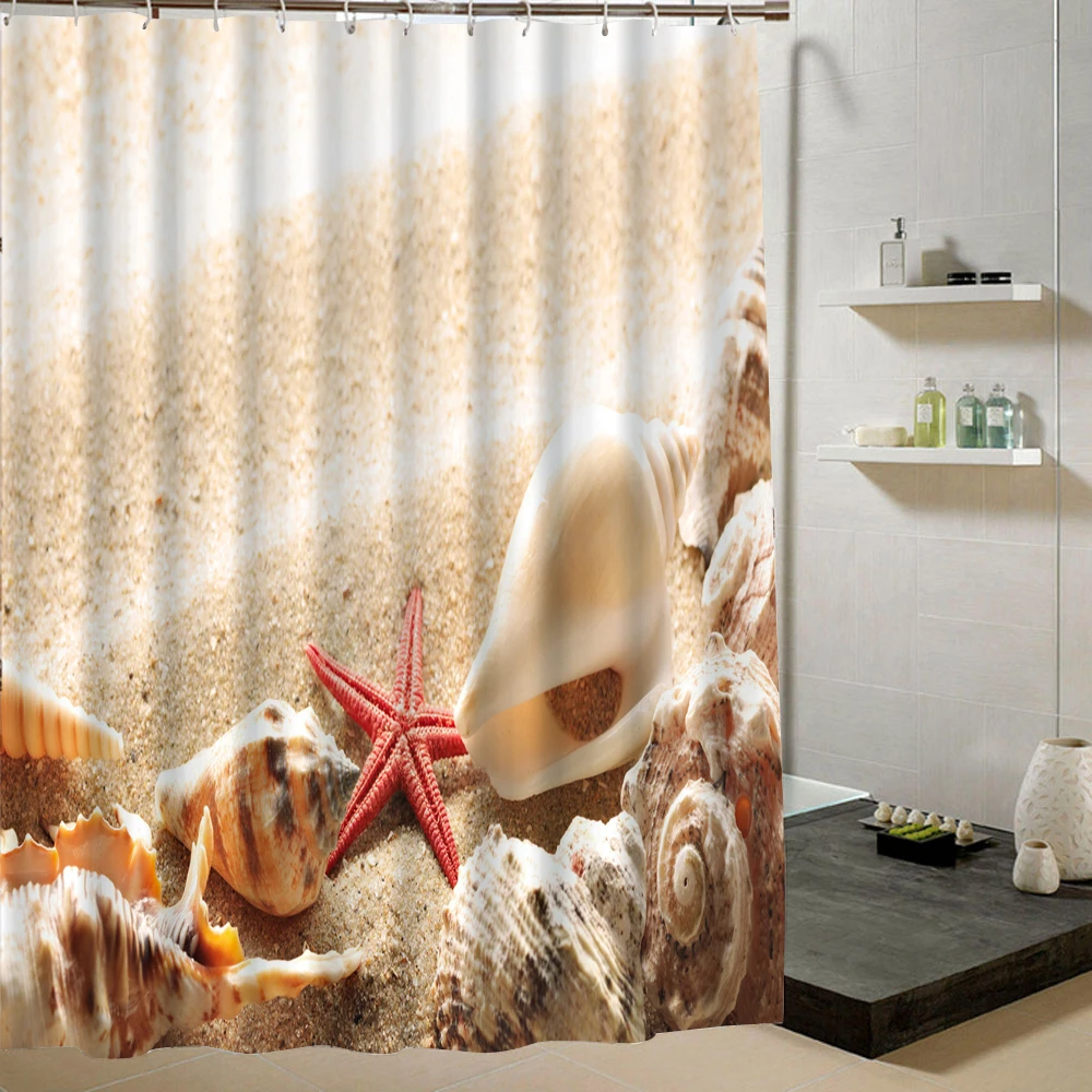 Summer Beach Shower Curtain Beige Fabric Polyester 3d Bathroom Curtain