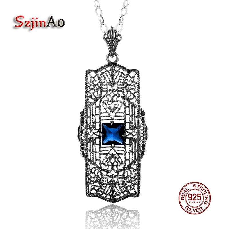 

Szjinao 925 Sterling Silver Sapphire Charm Slavic Pendants & Necklaces Hollow Suspension Women Antique Jewelry collier femme