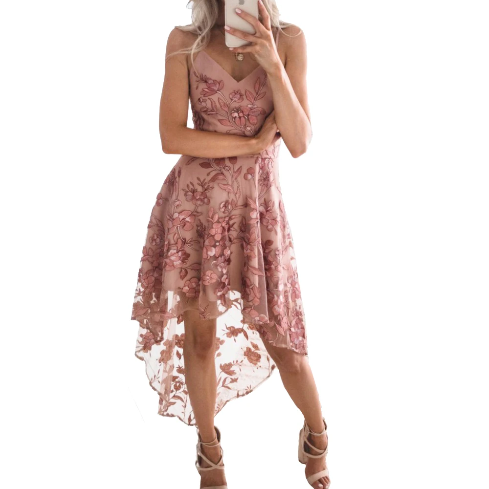

Sexy Lace Women Dress V Neck Irregular Length Spaghettie Strap Patchwork Pink Summer Sleeveless Bandage Dress Vestidos U192