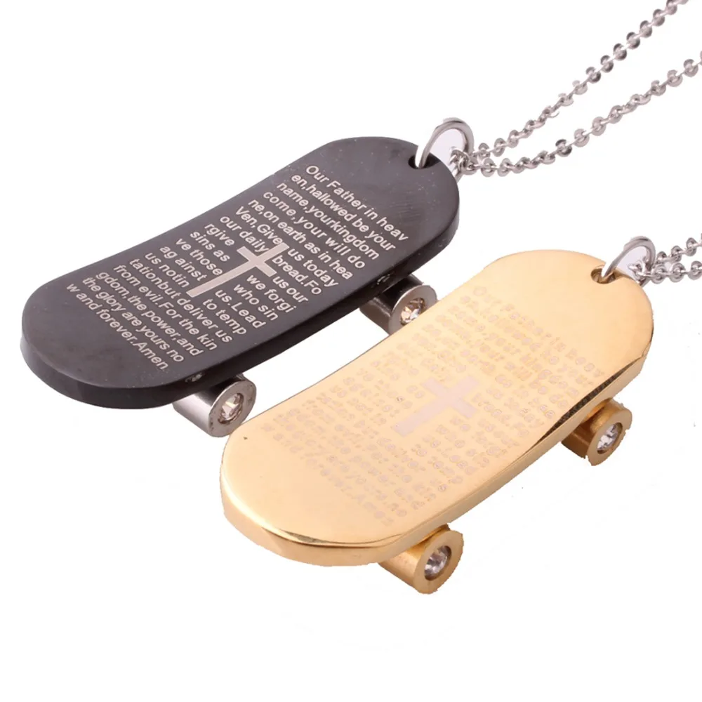 

Stainless Steel Black/Gold Color Skateboard Pulley Cross Text Pendant Cross Chain Necklace Men's Women's Jewelry Festival Gift