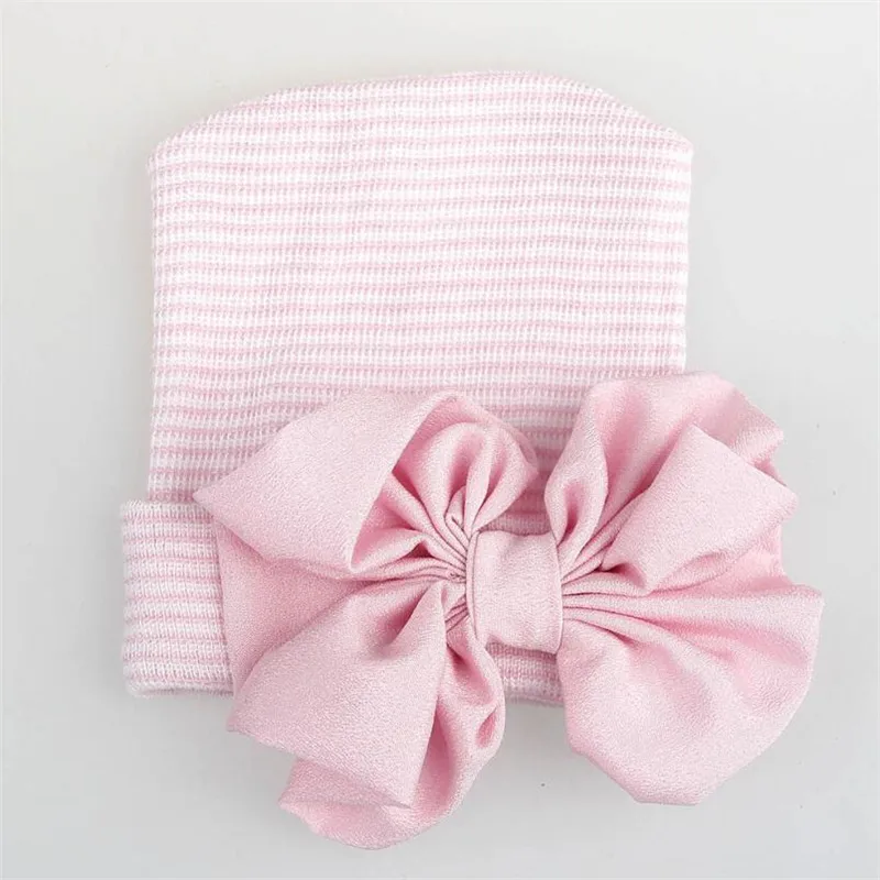 Новорожденная детская шапка для младенцев детская теплая шапка полосатые шапки мягкие больничные шапки для девочек вязаные шапочки с бантом для новорожденных 0-3 м отправка сережек в подарок - Цвет: Pink bow hat