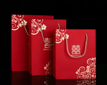 

100pcs/lot Chinese style Red Double Happiness Paper gift bags for Wedding Packaging Bag with Handle Party Favors SN633