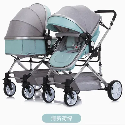 Съемная двойная коляска, может сидеть и лежать, шок, складная тележка, высокий пейзаж, детская тележка, двойное сиденье, корзина для младенцев, carriage0-3Y - Цвет: green