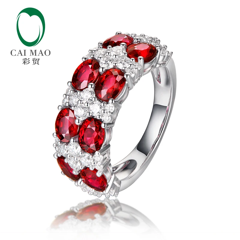Caimao 3.83ctw Natural Red Ruby Brilliant Cut Diamond 14kt White Gold Engagement Wedding Band Half Eternity Unisex