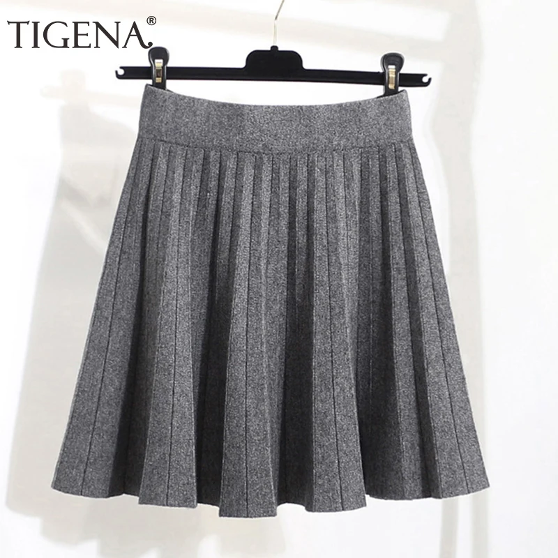 Prezzo TIGENA 2019 Autunno Inverno Lavorato A Maglia Caldo Gonne di Cotone di Modo Delle Donne A Vita Alta A Pieghe Mini Gonna Femminile di Scuola Nero Kaki Grigio