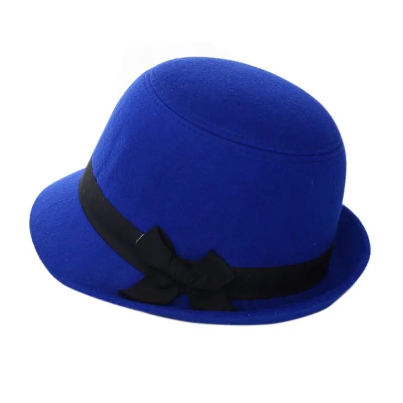 Новая Ретро трендовая Милая Женская Ретро-шляпа для девушек с бантом, Пляжная фетровая шляпа из шерсти, фетровая шляпа-котелок, кепка Дерби - Цвет: Royal Blue