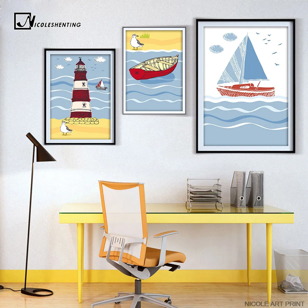 

Lighthouse Sea Beach Sailing Boat Vintage Poster Minimalist Art Canvas Print Seascape Picture for Home Children Room Decor CX101