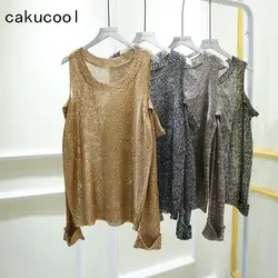 Cakucool золотым люрексом вязать футболка Для женщин выдалбливают с длинным рукавом с плеча сексуальное пуловер тонкий Повседневное Bling