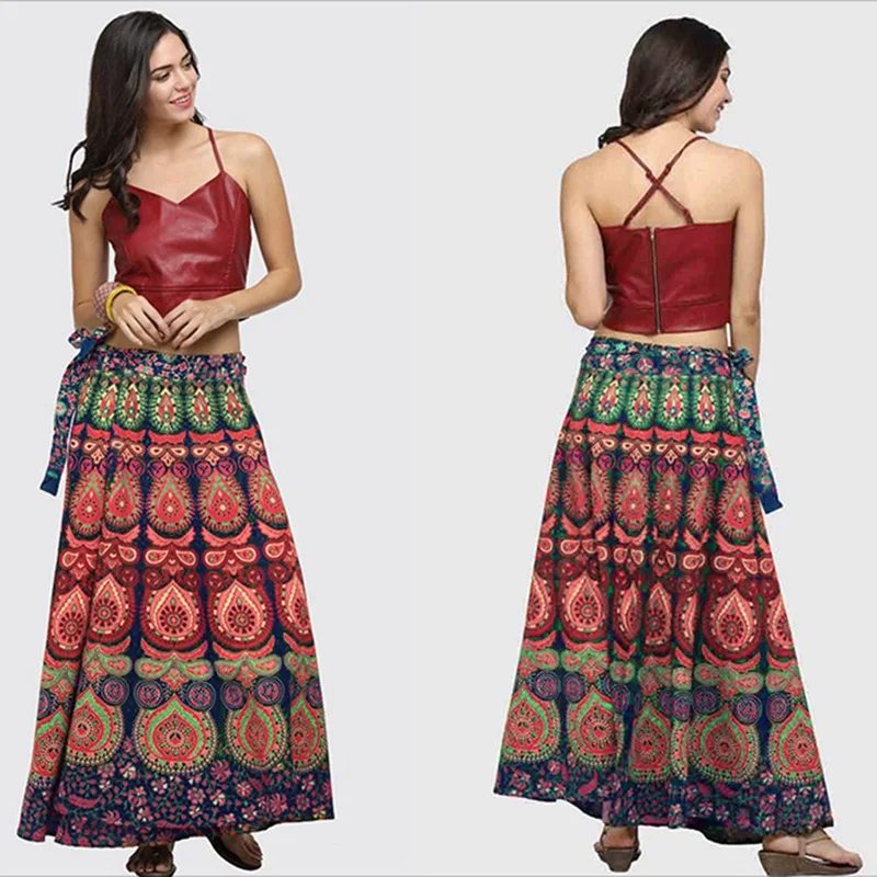 Boho Wrap Around Floral Print Maxi Skirt Women Elegant Indian Tribal Style Bohemian Long Beach Skirts Womens