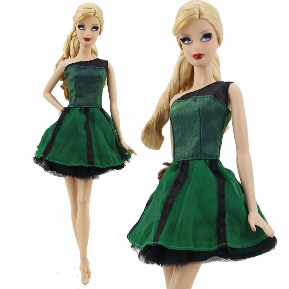 

High Quality Fashion Mini Dress Green Party Wear One-Shoulder Mini Sexy Skirt Clothes For Barbie Doll 12'' Accessories Kids