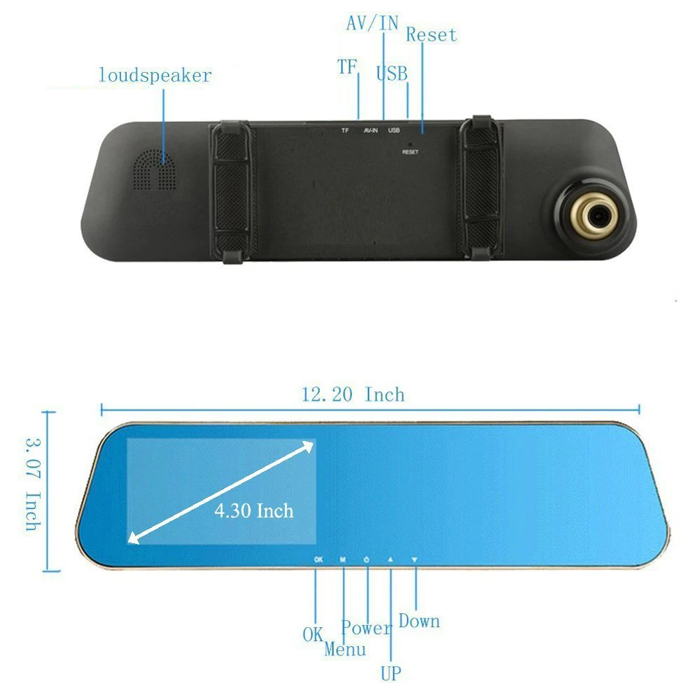 Auto Dual Lens Dash Cam Auto Camcorder FHD registrador 4,3 pulgadas Dash Cam coche Dvr azul revisión espejo grabadora de vídeo Digital - 3