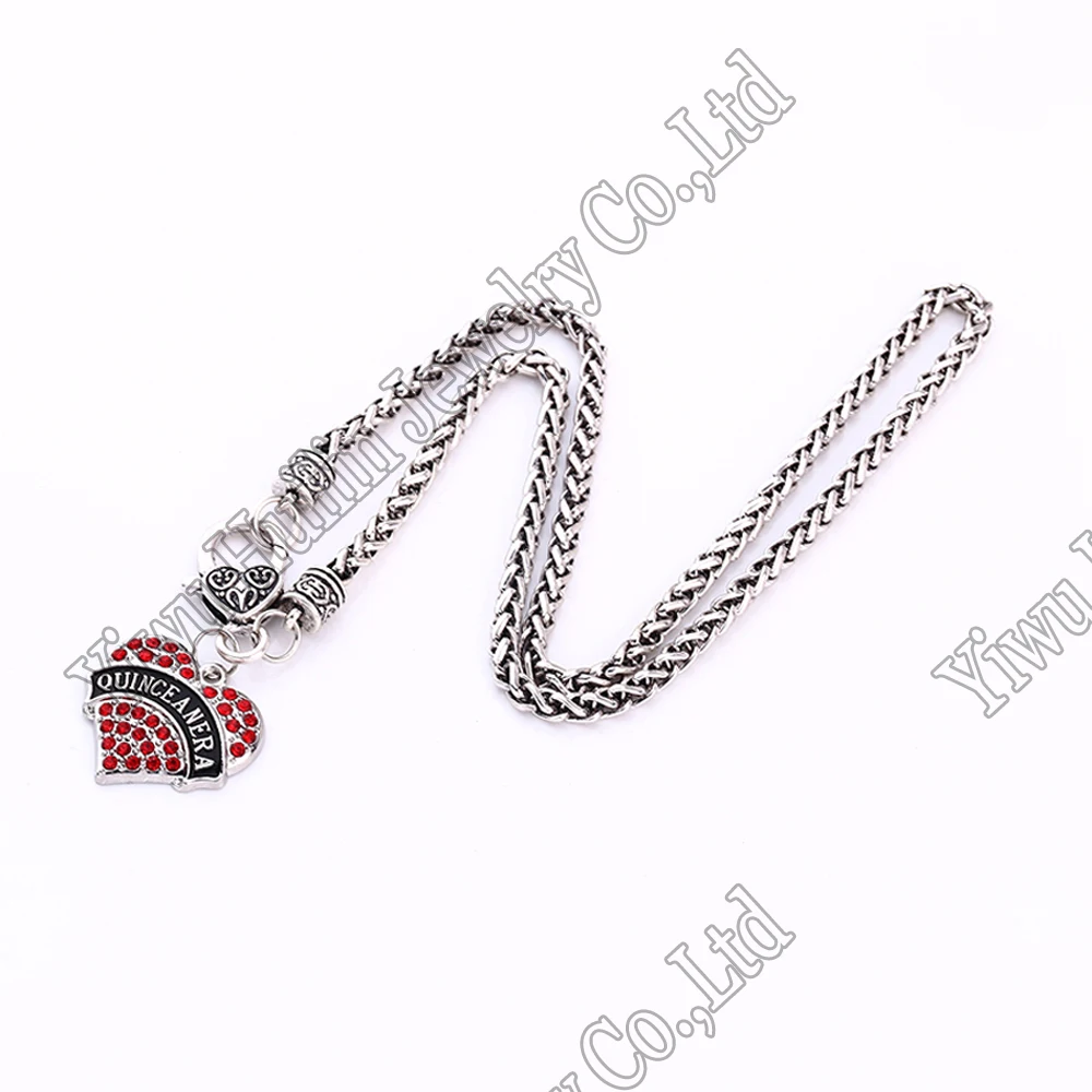 

Hot Selling rhodium plated zinc studded with sparkling crystals QUINCEANERA heart pendant wheat chain necklace New Arrival