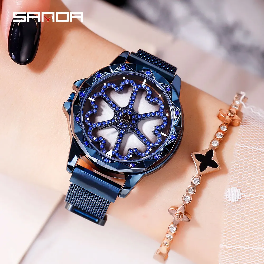 

SANDA Fashion Creative Watch Women Rotatable Flower Design Mesh Belt Quartz Watches Womens Magnet Clasp Clock relojes mujer 2018