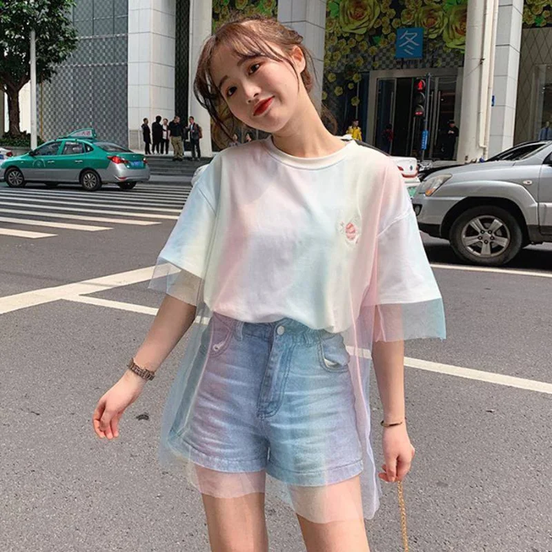 

Fashion personality rainbow gradient color mesh stitching design t shirt harajuku summer kawaii t-shirts korean girls white top