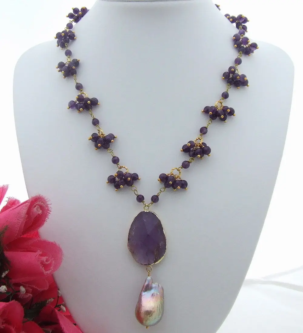 

FC042714 19" 17x29MM Keshi Pearl Amethyt Pendant Necklace