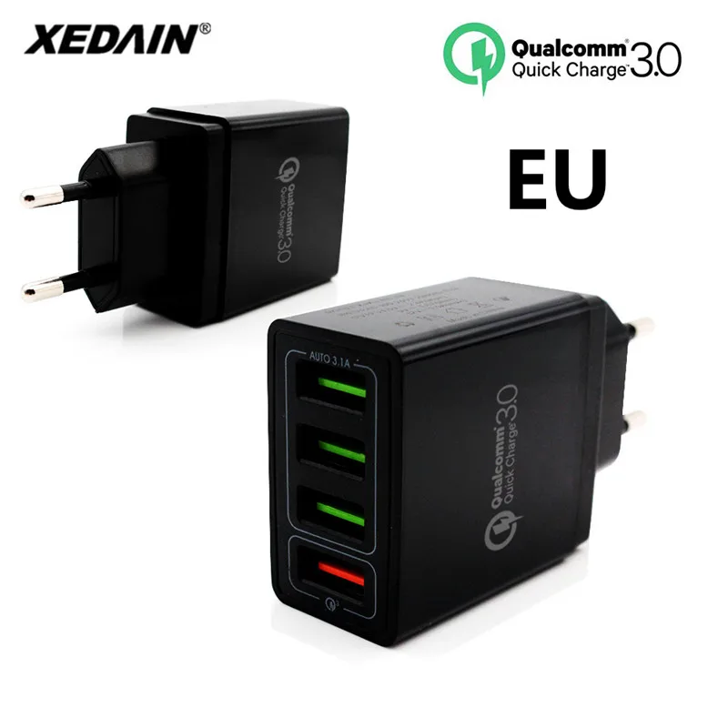 4 порта для телефонов, быстрое зарядное устройство QC 3,0, 4 USB кабеля, штепсельная вилка стандарта ЕС/США, максимальное быстрое зарядное устройство s, зарядка для iphone XR XS Plus, samsung, huawei, Apple - Тип штекера: EU Not  Cable Black