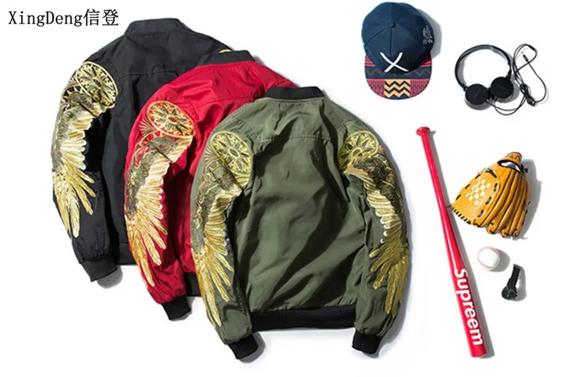 XingDeng New Men Streetwear wing Jacket Black Embroidery Bomber pilot fashion loose Brand-clothing top coat plus 3XL