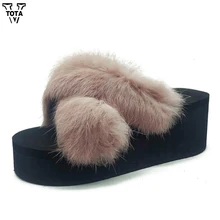 

VTOTA New Fur Slippers Women Fox Home Fluffy Sliders Wedges With Feathers Furry Summer Flats Sweet Ladies Paltform Sheos FC