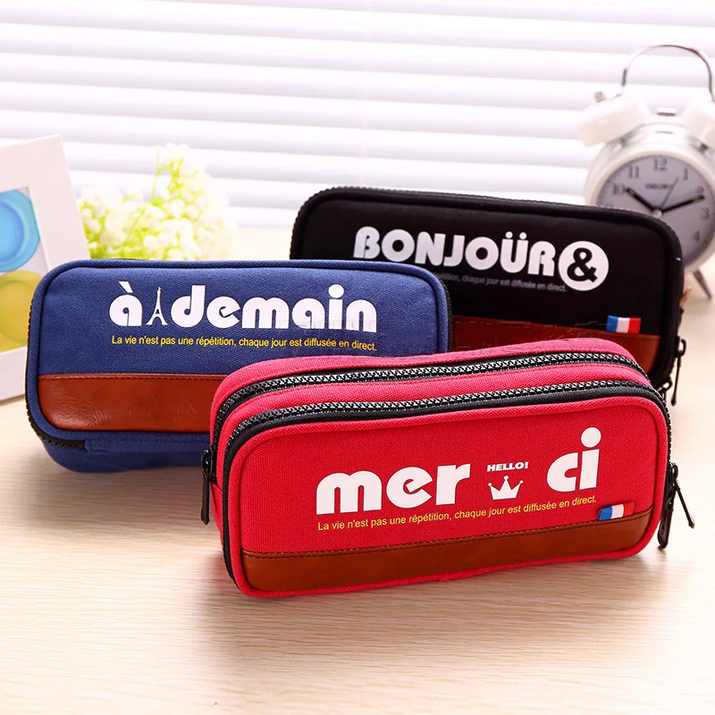 French Letters Pencil Case for Boys Girls School Supplies Double Zipper