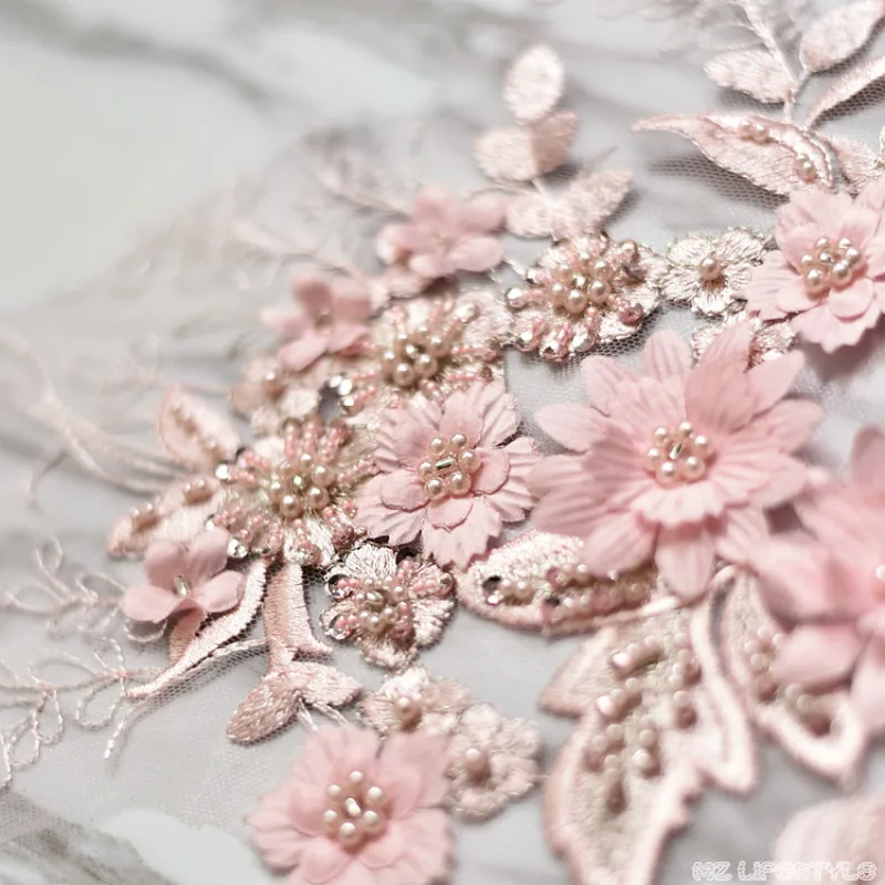 

35 * 24cm high quality pink bead 3D flower lace embroidery trim Decals DIY Wedding Dress Decoration Materials