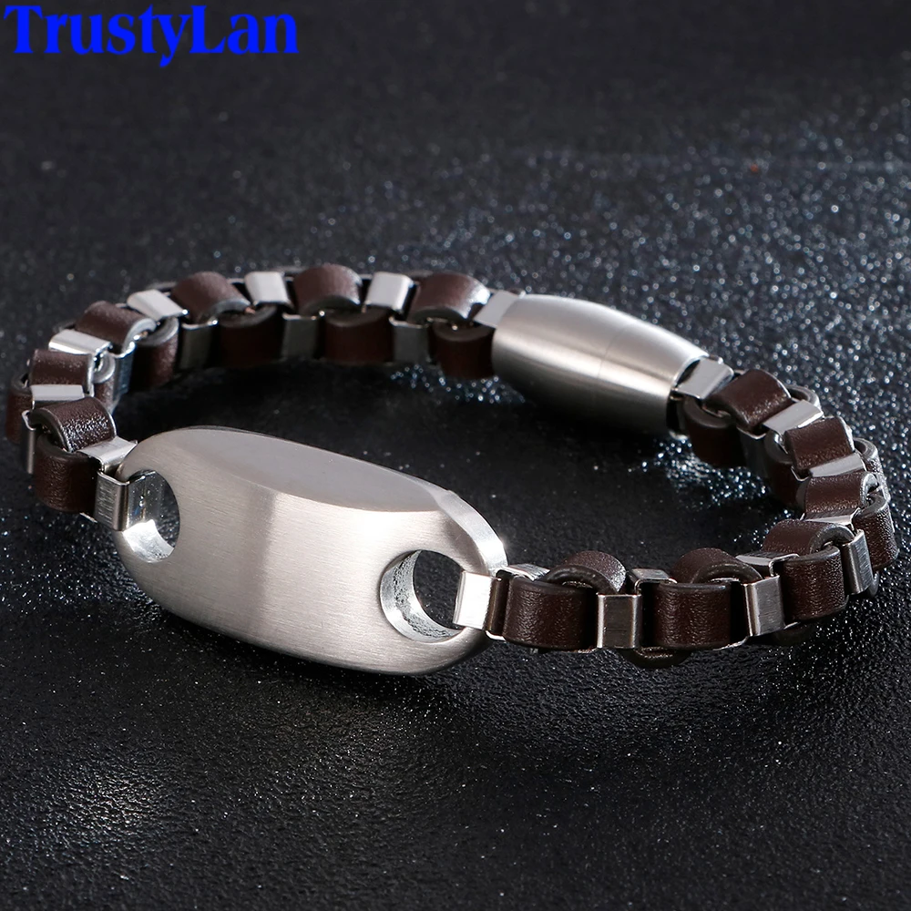 

Hip Hop Box Chain Brown Genuine Leather Bracelet Men Polished Stainless Steel Mens Bracelets & Bangles Best Friends His Gifts
