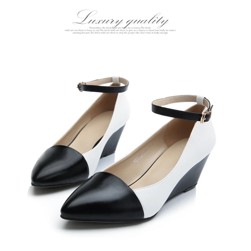 

Black White Hit Color Pointy Toe Ankle Buckle Slope Heels Women Wedges Shoes Large Size 40 Discount Hot Selling Female Footwear