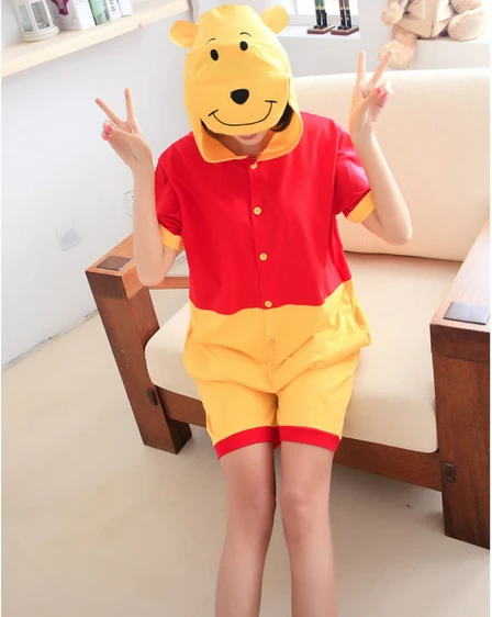 Anime Cute Bear Summer Adults Unisex Onesie for Women Men All In One 100% Cotton Cos Hooded Pajamas Pyjama Sleepwear