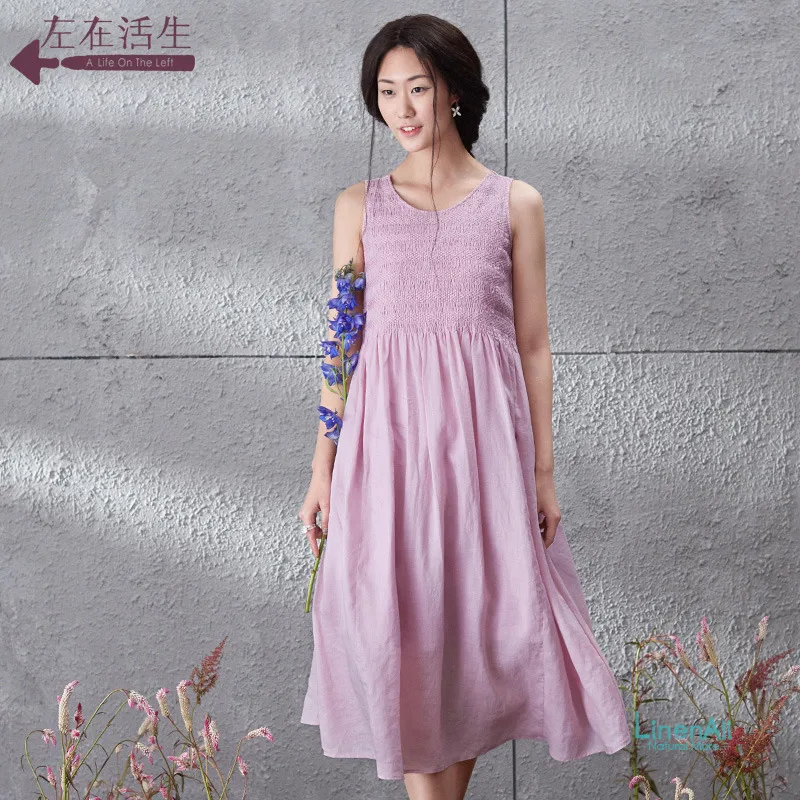 100 ramie clothing 2016 women's embroidered dress, summer sleeveless