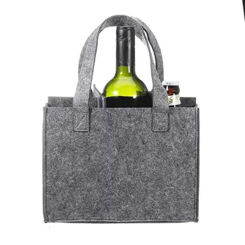 Reusable Fashion Felt Bag Wine Holder Beer Bottle Shopping Tote Bag Bottle Carrier with 6 Bottles Divider Washable Grey 3