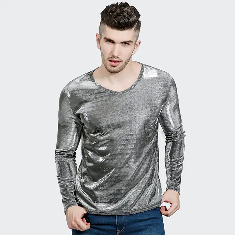 Hipster noche Club escenario rendimiento lentejuelas oro plata negro V cuello manga larga camiseta hombres Streetwear Hip Hop camiseta masculina Hipster noche Club escenario rendimiento lentejuelas oro plata negro V cuello manga larga camiseta hombres Streetwear Hip Hop camiseta masculina