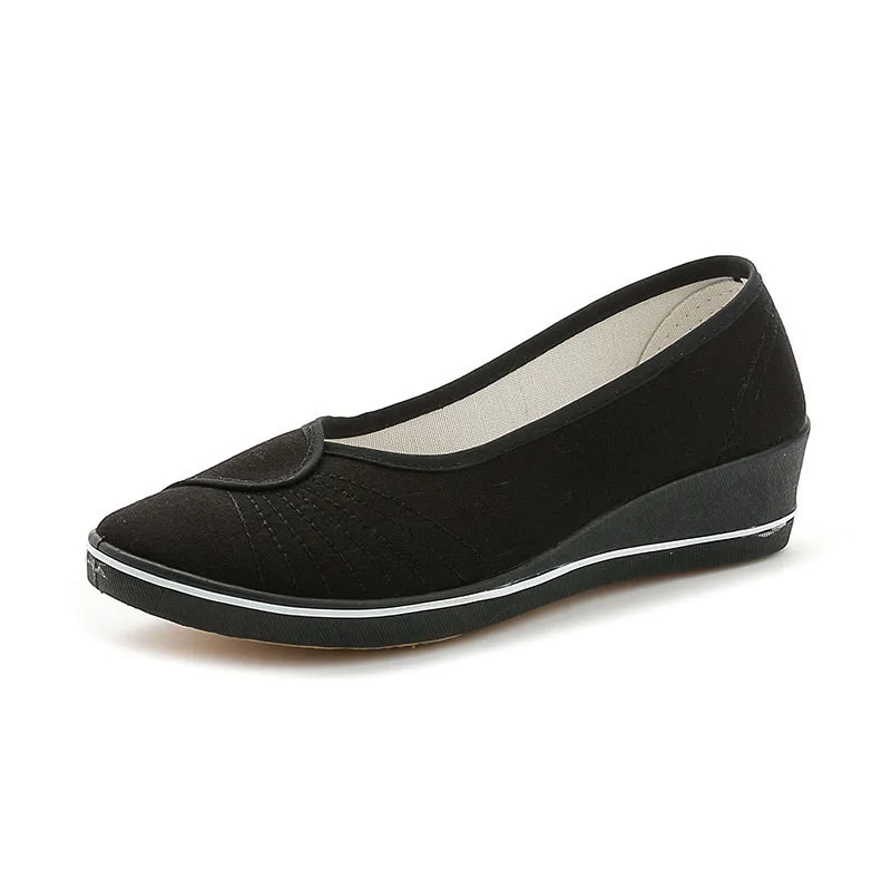 Для женщин удобные дышащие Белые парусиновые туфли мягкая подошва; туфли на платформе; Каблук; обувь для медсестры; вечерние кеды, кроссовки zapatos mujer - Цвет: black